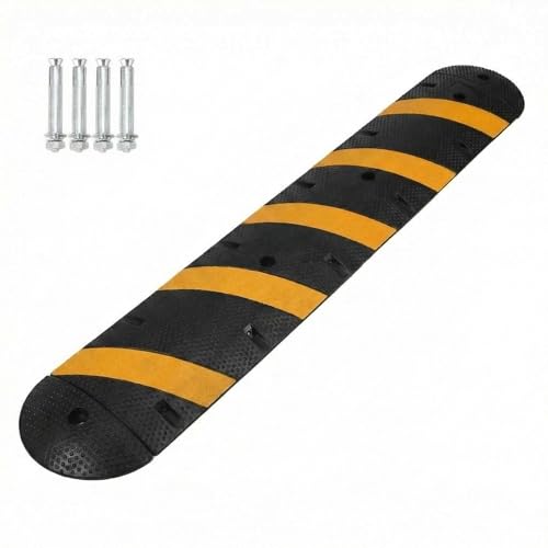 Rubber Speed Bump 6FT with 2 End Caps, Road Speed Bumps for Driveway, Traffic Calming Device, Integrated Cable Cover Ramp, Industrial Parking Speed Humps