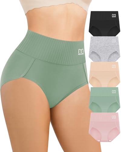 MEIYATING Women's Cotton Underwear High Waisted Tummy Control Panties Stretch Full Coverage Panties 5 Packs