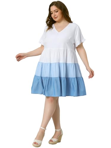 Image of Agnes Orinda Women's Plus Size Babydoll Ruffle Short Sleeve Casual Loose Flowy Swing Hem Chambray V Neck Mini Dress