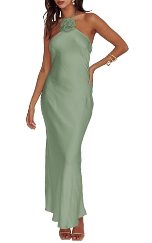 Sommer-Maxikleid aus Satin, Neckholder, rückenfrei, für Damen, 2025, Seide, ärmellos, formell, Hochzeitsgäste, langes Kleid, Salbei, Klein