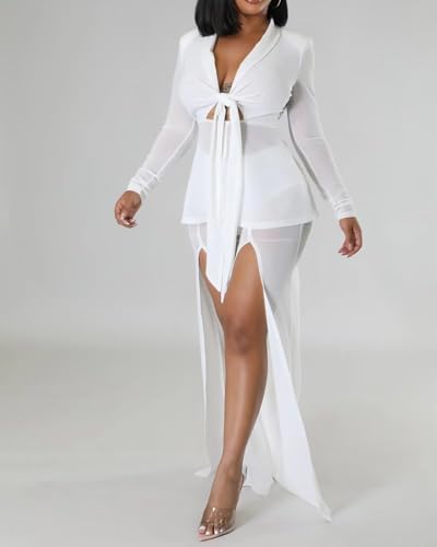 Sexy 2 Piece Outfits for Women Clubwear Mesh Lapel Blazer Top Slit Wide Leg Pants Set Birthday Outfits3
