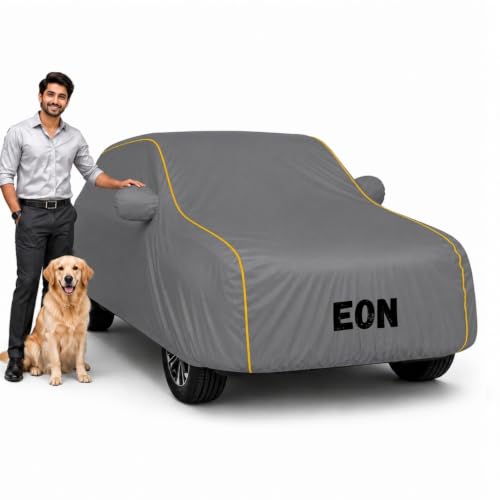 Image of Waterproof Car Cover for Eon | Soft Cotton Lining Heavy Duty Triple Stitched Heat Resistant Outdoor Cover Comes with Mirror and Antenna Pocket Full Bottom Elastic (Zig Zag Grey)