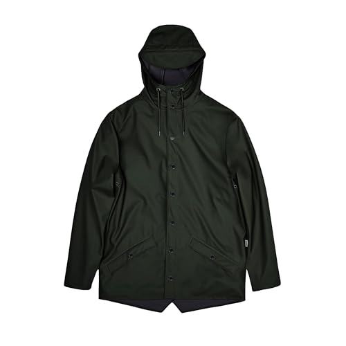 Image of RAINS Waterproof Jacket - Hooded Lightweight Raincoat, Men and Women | Waterproof PU rain jacket for men and women; 5000 mm water column, welded seams, hood with cap, snap placket, fishtail hem