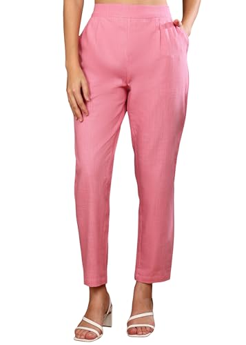 Image of Yash Gallery Women's Regular Fit Mid Rise Solid Cotton Slub Ankle Length Regular Trouser Pant