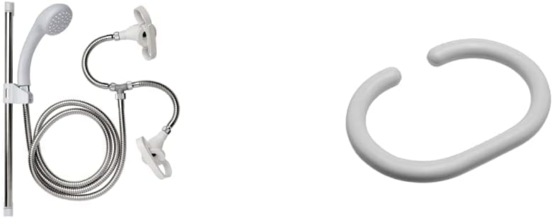 Croydex AB160022 Removeable Push-Fit Secura Spray with Universal Tap Connectors and Retaining Straps Suitable, White & AK142122 Shower Curtain C-Rings, Pack of 12, White, 17.5 x 9.5 x 0.5cm