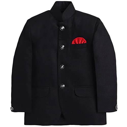 Image of Hopscotch Boys Regular Fit Faux waistcoat Cotton Solid Faux Blazer and Pant Set in Black Color