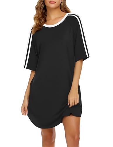 Ekouaer Nightgowns for Women Sleep Shirt Short Sleeves Night Shirt Black
