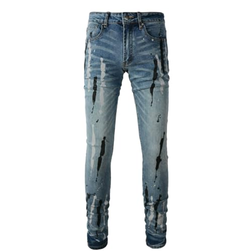 Jeans Pants Trousers Denim Men Street Trendy Spray Paint Dot Print Classic Retro Washed Blue Elastic Slim Fit Casual(Blue,33)