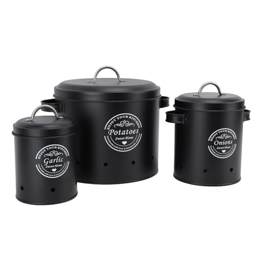 Bonbela 3 Pezzi di Stoccaggio Cipolla in Acciaio in Acciaio Carbonio in Acciaio Cucina Contenitori Contenitori Vasi per Banconi con Coperchio Manico di Grande capacità Protezione da (Nero)