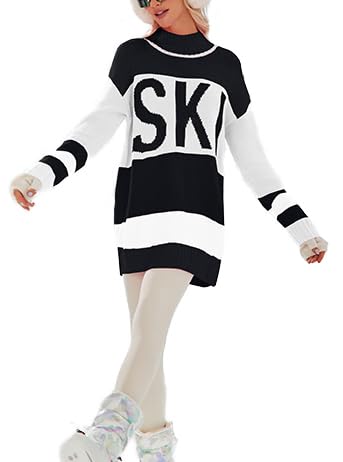 Image of Women Soft Sweaters Winter Mockneck Tops 2024 Oversized Color Block Ski Sweater Shirt Ski Outfits(Lightweigt One Size)