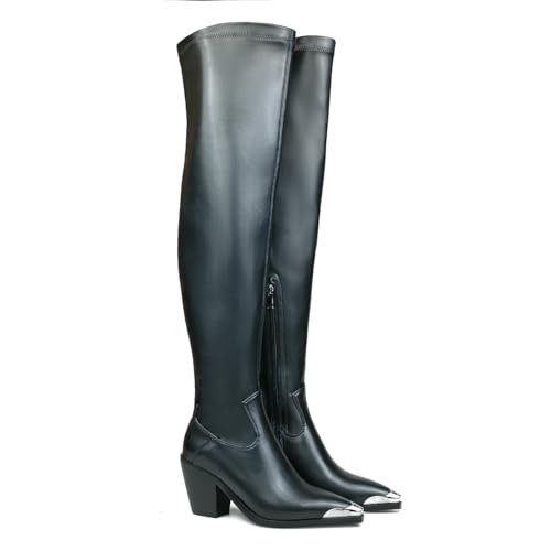 HiColor Womem's Pointed Toe Fashion Thick Heels Thigh High Boots Ladies Elastic Side Zippers Long Boots2