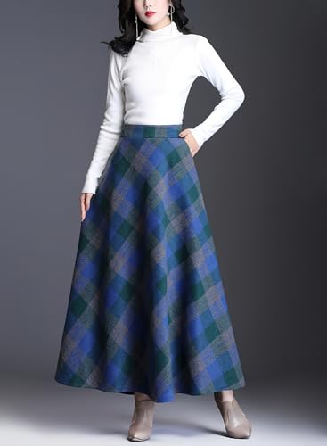 Women's Winter Warm Wool Plaid High Waist A-Line Drape Pleated Maxi Skirts with Pockets2