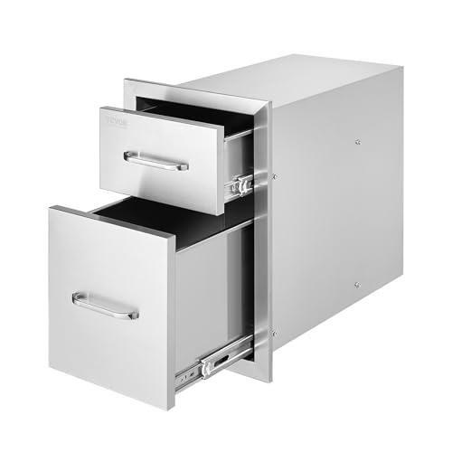 Image of VEVOR Outdoor Kitchen Drawers 13 inch W x 20.5 inch H x 21 inch D, Flush Mount Double BBQ Access Drawers with Stainless Steel Handle, BBQ Island for Outdoor Kitchens or Patio Grill Station