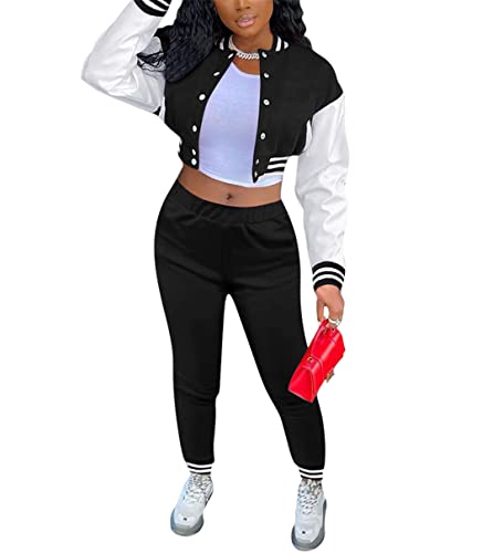 Women's Fashion Varsity Jacket Patchwork 2 Piece Outfit Tracksuit Slim Fit Bomber Jackets Sweatsuit Set