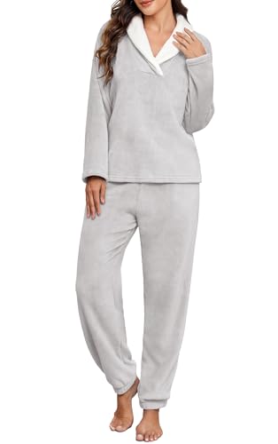 PrinStory Womens Pajamas Winter Soft Fluffy Pajama Set Fuzzy Warm Pjs Flannel 2 Piece Plush Sleepwear Lounge Sets3