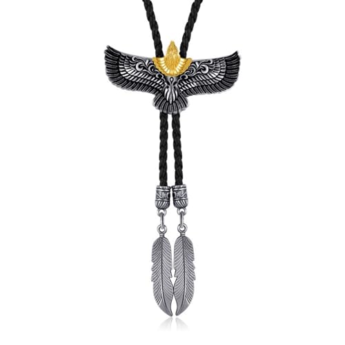 Luofeng Cravate Homme Femme Bolo Américain Métal Aigle Volant Cowboy Corde en Cuir Cravate Collier Western Pendentif Plumes, 100cm, Métal