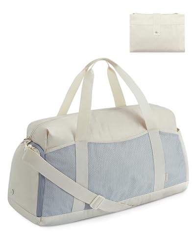 BAGSMART Foldable Duffle Bag for Women - 35L Carry On Weekender Overnight Sports Duffel with Shoe Compartment, Personal Item Travel Workout Bag for Travel Yoga, Beige