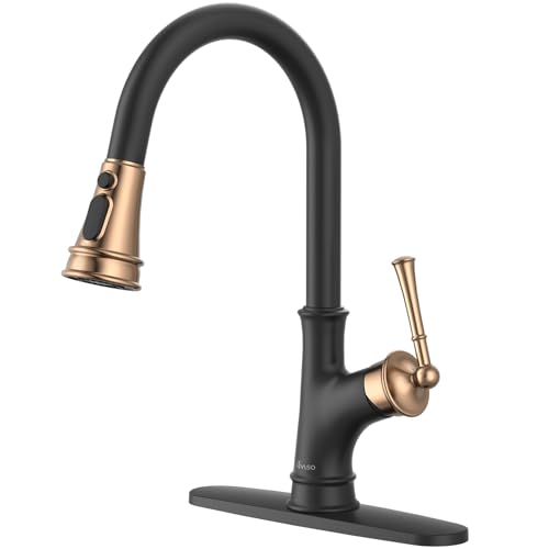 APPASO Matte Black and Rose Gold Pull Down Kitchen Faucet with Easy-Retract Sprayer - Single Handle High Arc One Hole, CUPC-Certified Pull-Out Hose, Water Supplies and Valve Core
