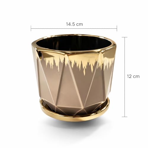 Image of Xtore Elegant Faceted Ceramic Planter with Metallic Rim & Drain Tray | Contemporary Decorative Pot for Living Room, Desk & Balcony Styling (Pack of 1, Planter only)