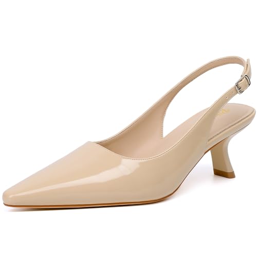 RIBONGZ Beige Kitten Heels for Women Nude Pointed Closed Toe Pumps Patent...