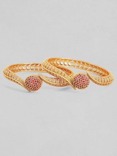 Image of Rubans Set of 2 22K Gold-Plated Stylish Stone Studded Traditional Bangles for Womens & Girls