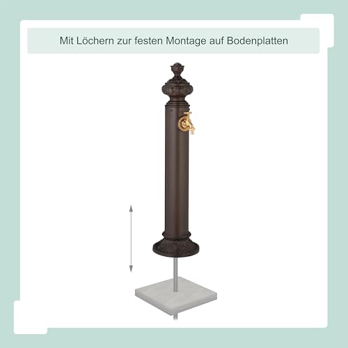 Relaxdays Standbrunnen antik mit Wasserhahn, HxBxT: 87 x 20,5 x 24 cm, Wasserzapfsäule Garten, Bodenbefestigung, braun