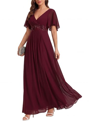 Image of Ever-Pretty Womens V Neck Applique Mother of the Bride Dresses Formal Dress | Chiffon, Short Sleeves, Ruched, A-Line, Bridesmaid Dresses, Formal Gown, Black Tie Dress
