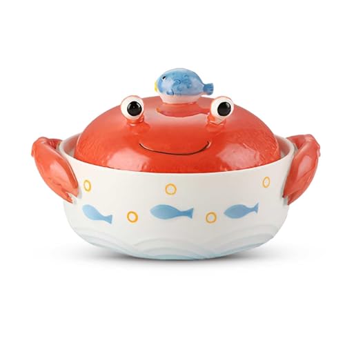 QYGGFBAI Crab Shaped Ramen Bowl with Lid, Funny Nautical Theme Ceramic Instant Asian Noodle Pots with Handles for Rice, Pho, Soup, Pasta, Salads, Desserts, Cereals, Oatmeal, 24 Oz