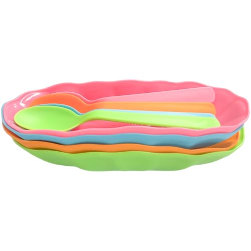 Colorful Banana Split Sundae Dessert Spoon & Dish Set Assorted Colors (4)