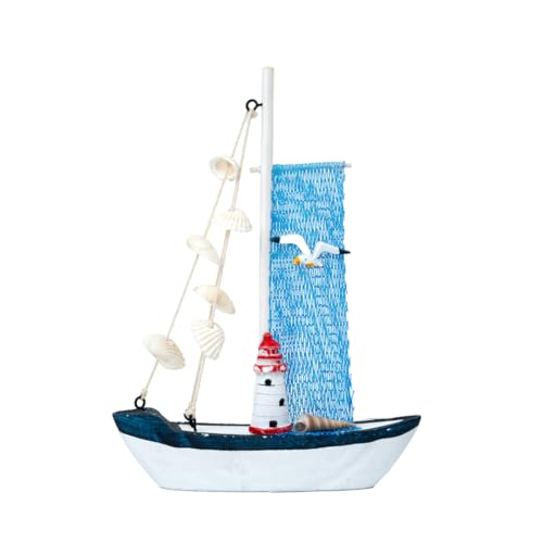 Image of Decorative Sailboat Nautical Model Showpiece | Wooden Miniature Sailing Boat for Home Decor, Living Room, Office & Table Desk Decoration | Light Blue Border-Net Cloth (15x4x22 cm)