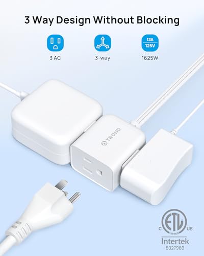 Image of TROND Flat Plug Extension Cord 5 ft- Rightward Lower Profile Power Strip, No Blocking 3 Way Outlets, Three Prong, 1625W, Small for Tight Space Behind Furniture Indoor Home Office Cruise Travel, White