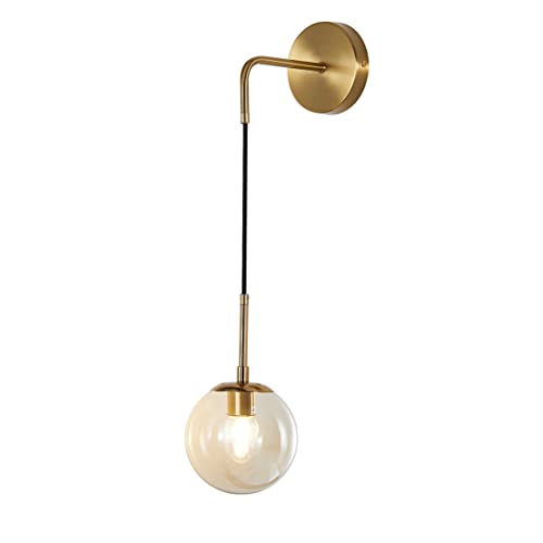 Image of BOKT Mid Century Modern Globe Wall Sconce Lighting Brushed Brass Gold Amber Glass Round Wall Light Fixture Vintage Vanity Globe Bathroom Bar Wall Lamp (Gold+Amber)