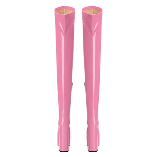 WAYDERNS Over the Knee Boots for Women Patent Leather Platform Block High Heel Round Toe 5.9 Inch Side Zipper Long Boots Sexy Dating Party Evening Thigh High Boots4