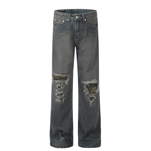 Jeans Pants Trouser Denim Street Trendy Water Washed Blue Wear and Tear Hole Casual Straight for Men2