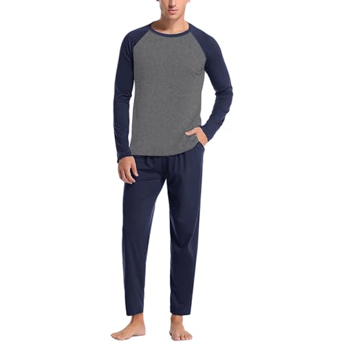 Duohropke Pijama largo de algodón para hombre, manga larga, camiseta con bolsillo, pantalones de pijama, juego de dos piezas, multicolor, 02 Navy, S