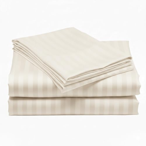 BEDDING ZONE - King Bed Sheet 3pcs Set 100% MICROFIBER Sateen 1cm Stripe Size: 241x261cm + 2pc Pillowcase 50x75cm (ivory)