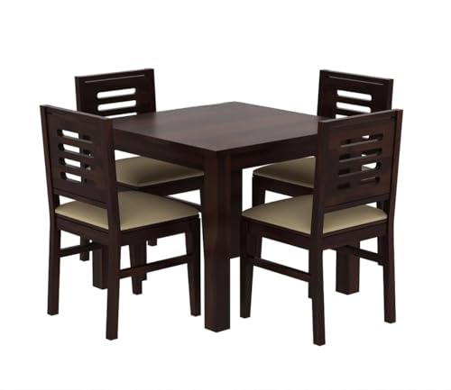 Image of Sheesham Wood Dining Table Set of 4 | Compact 4 Seater Wooden Dining Set for Home & Dining Room | Solid Wood Dining Table with Cushioned Chairs | Dark Walnut Finish