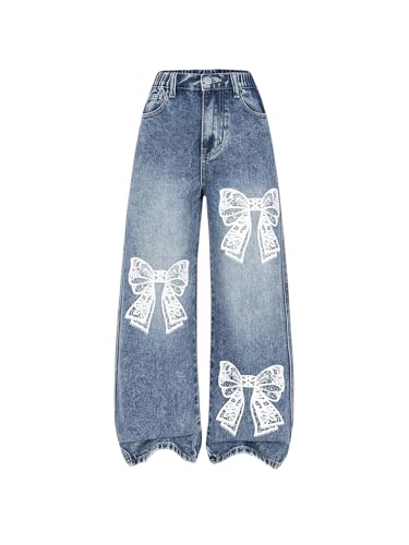 WDIRARA Girl's Y2k Bow Print Denim Pants Straight Leg Elastic Waist Jeans