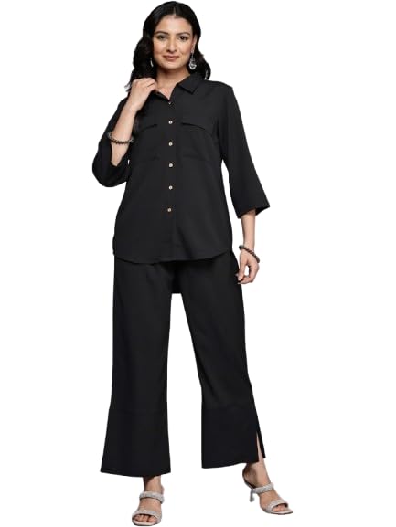 Women Black Crepe Shirt Collar Top And Bottom-image-24