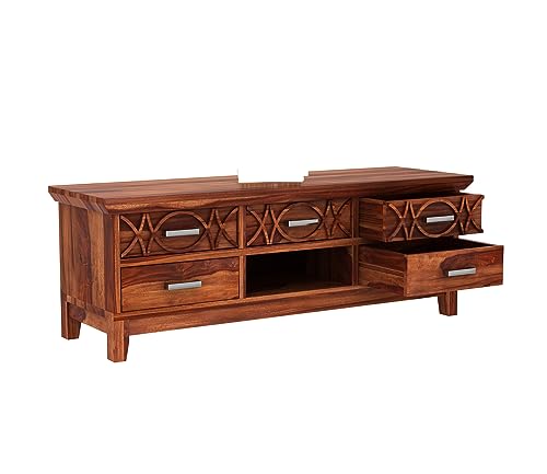 Image of Rustic Solid Sheesham Wood TV Unit Chest of Drawers for Living Room - 5 Drawers and 1 Shelf Storage - Accommodates up to 65-Inch TV (Jace, Honey Finish)