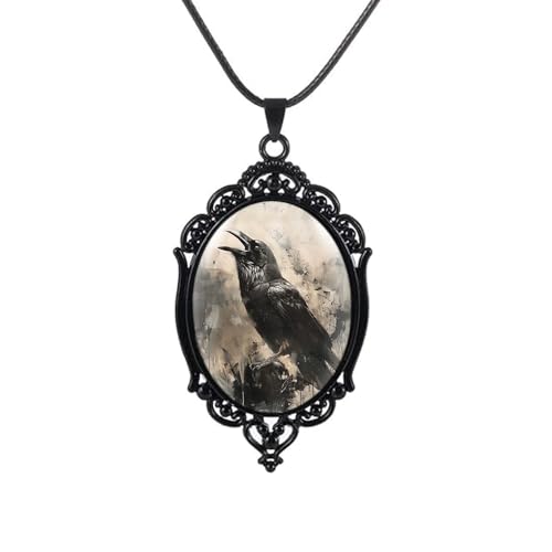 YWMAN Goth Raven Cameo Necklace - Gothic Crow Pendant, Vintage Halloween Witch Jewelry for Women