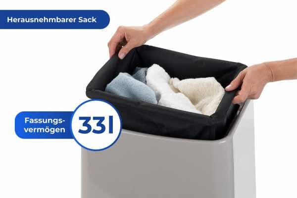 WENKO Maximex Wing Badhocker und Wäschekorb, Hocker mit Deckel und herausnehmbarem Wäschesack, Kunststoff, Fassungsvermögen 33 L, 45 x 48 x 33 cm, Taupe