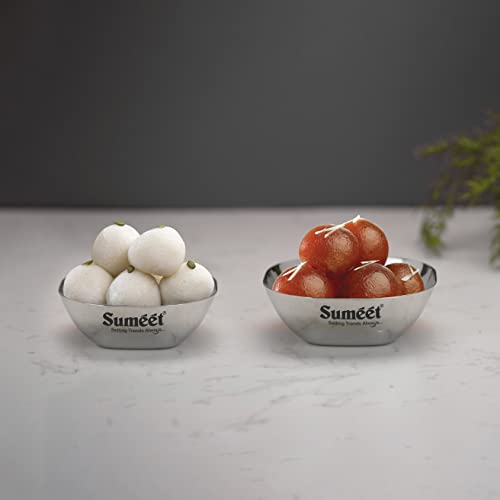 Image of Sumeet Heavy Gauge Stainless Steel Apple Square Bowl /Wati /Katori with Mirror Finish, Combo set of 12pc, 8cm & 9.5cm Dia, 180ML & 200ML (Each 6Pc) - Silver