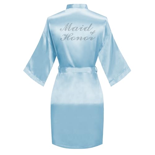 Image of Women's Bride Bridesmaid Robes Short Satin One Size Silver Rhinestones Wedding Party Getting Ready Sleepwear