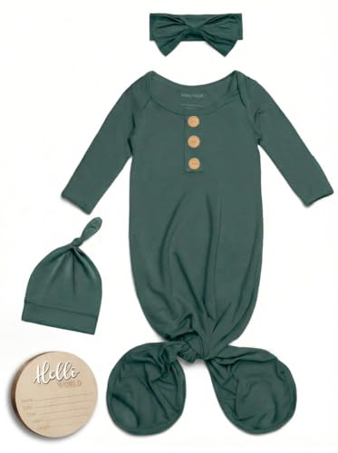 Image of Baby Noah Newborn Knotted Gown, Ultra-Soft Silky Long Sleeve Sleeper, Unisex Coming Home Outfit Set With Wooden Name Sign