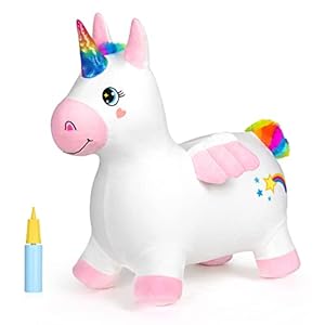 INPANY Bouncy Unicorn Horse Plush for Toddlers – Bouncing Horse Hopper, Ride on Animal Toys for Girls Boys, Inflatable Riding Gifts – Plush Covered (Include Pump)