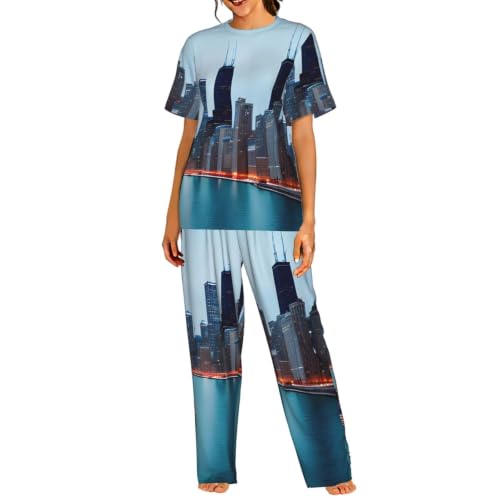 Pijama de mujer Chicago Print para evitar el frío nocturno con pantalón largo y manga corta