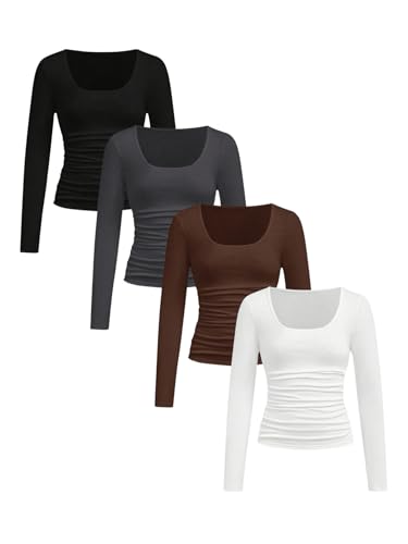 SOLY HUX Girl's 4 Piece T Shirt Square Neck Long Sleeve Ruched Tee Slim Fit Fall Tops