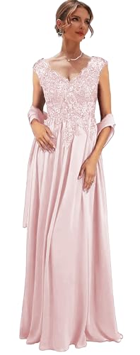 Women's Lace Mother of The Bride Dresses with Shawl V Neck Evening Gown Long Formal Dress for Wedding