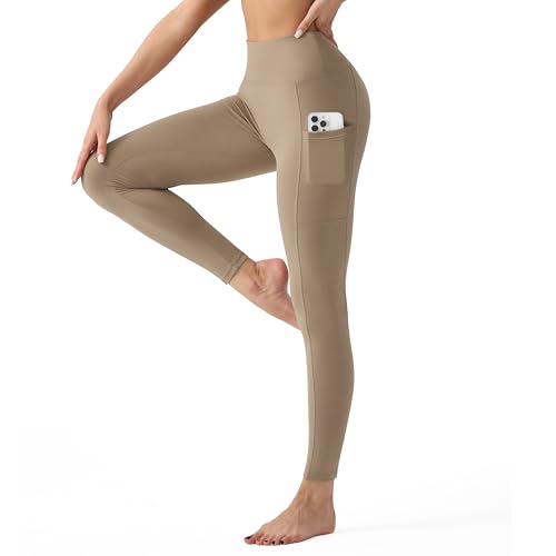 High Waisted Leggings for Women with Pockets - Tummy Control Yoga Pants for Workout Running Athletic No See Through Khaki